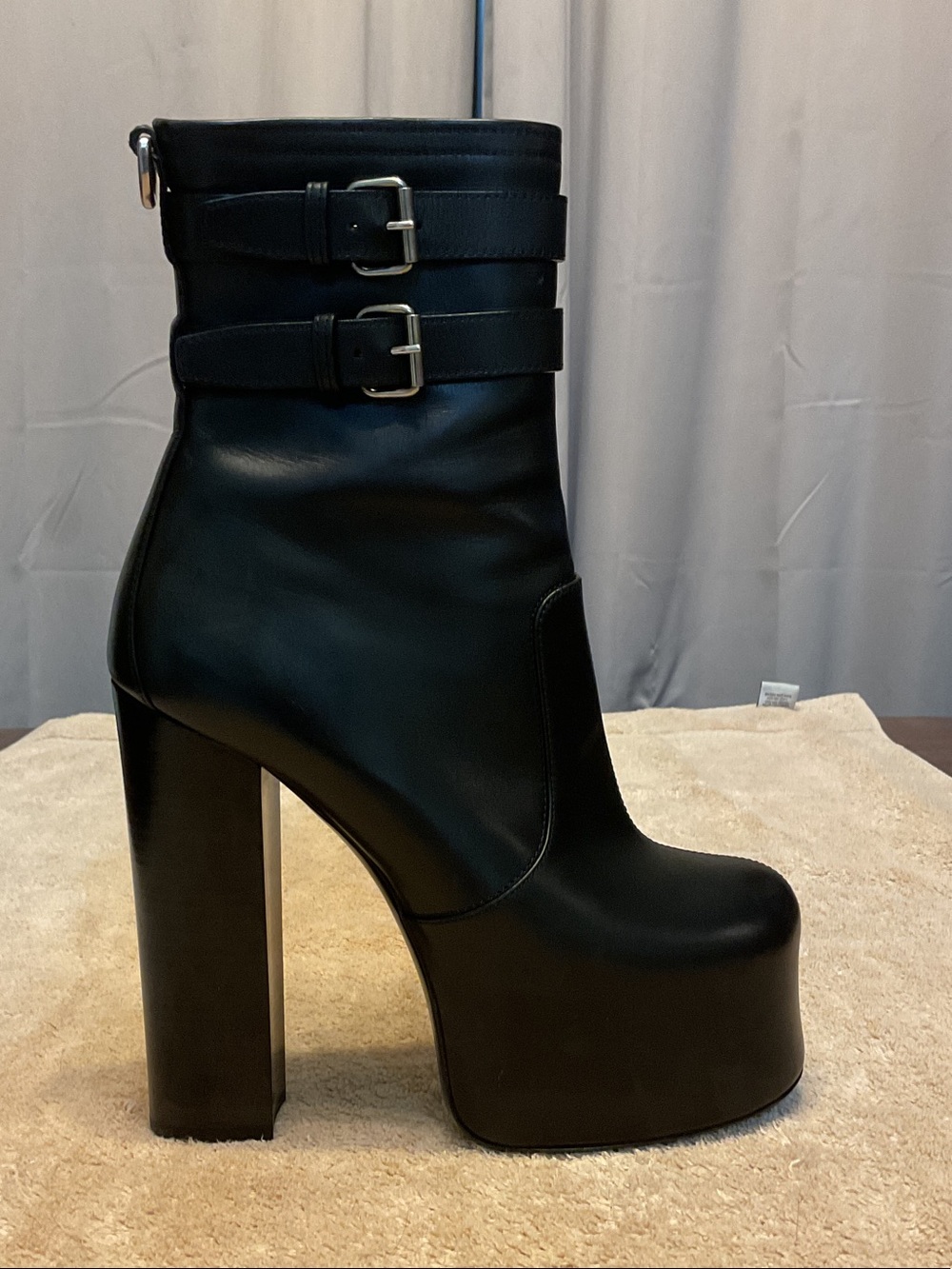 Saint Laurent Black Leather Platform Ankle Boots with Buckle Straps